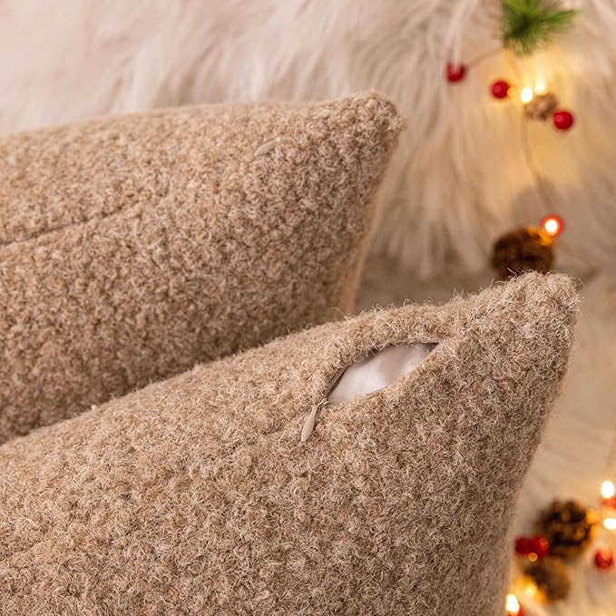 AQOTHES Khaki Winter Throw Pillow Covers 18x18 Inch Set of 2, Boucle Faux Fur Pillow Covers,Cozy Fluffy Home Living Room Farmhouse Decor for Sofa Couch Bed