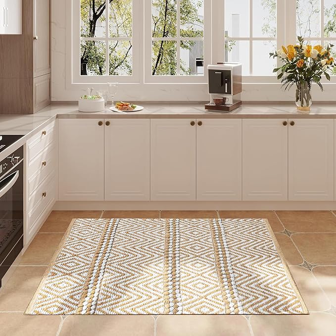 Bedding Craft Jute Cotton Stripe Area Rug for Living Room 24x36 Inch - Natural Ivory - Machine Washable 2x3 Feet Rugs - 70% Jute and 30% Cotton