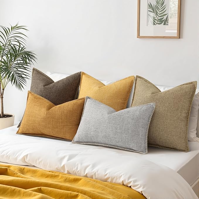 decorUhome Decorative Outdoor Throw Pillow Covers 22x22 Set of 2, Square Linen Rustic Neutral Farmhouse Euro Pillow Covers with Stitched Edge for Couch, Sofa, Living Room, Mustard Yellow