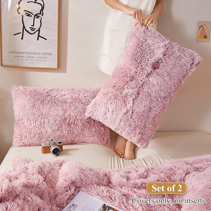 XeGe Faux Fur Throw Pillow Cases, Plush Shaggy Ultra Soft Pillow Covers, Fluffy Crystal Velvet Decorative Pillowcases, Furry Fuzzy Pillow Shams Zipper Closure, Set of 2 (King, Pink Ombre)