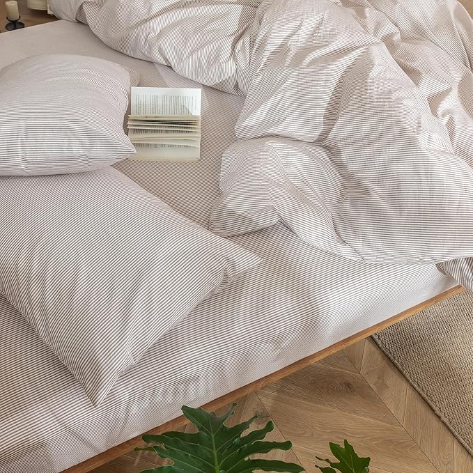 MooMee Striped Duvet Cover Set 100% Washed Cotton Linen Like Textured Breathable Durable Soft Comfy (Orange Pinstripes, Full 80"x90")