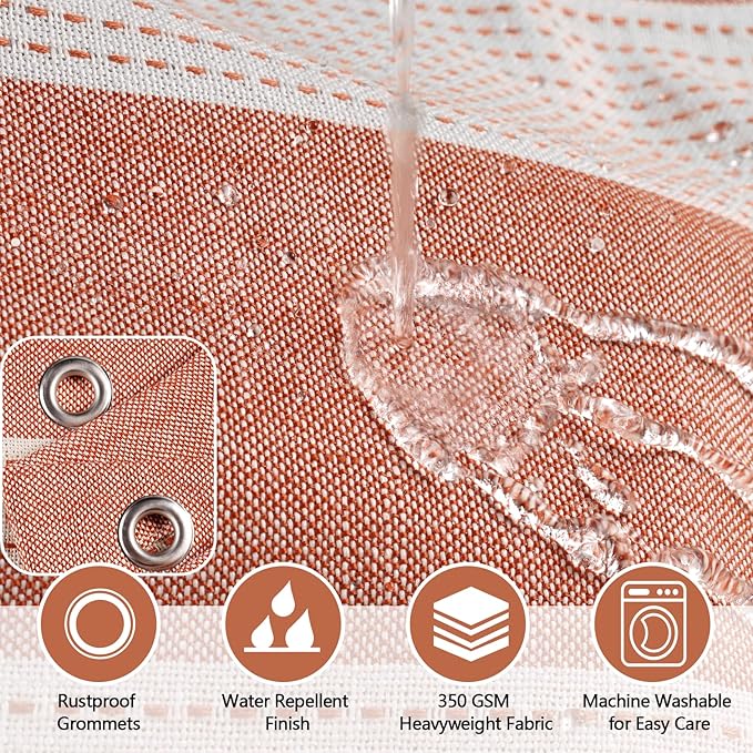 Boho Farmhouse Heavyweight Shower Curtain with Tassels, Rustic Cotton Linen Woven Fabric Striped Shower Curtain Water Repellent, Rusty Red Shabby Chic Shower Curtains for Bathroom