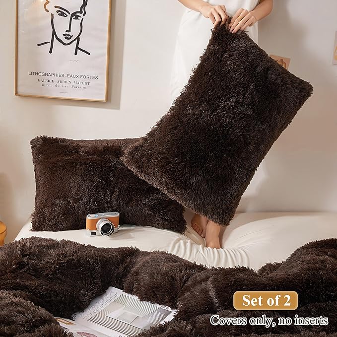 XeGe Faux Fur Brown Pillow Cases, Plush Shaggy Ultra Soft Fluffy Velvet Decorative Pillowcases, Furry Fuzzy Pillow Shams Zipper Closure, Set of 2 (King,Coffee)