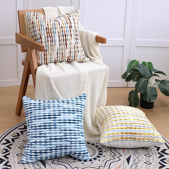 Boho Decorative Throw Pillow Covers 18x18 Inch, Chenille Tufted Pillow Cover Stripe Textured Square Farmhouse Accent Pillowcase for Couch Sofa Bedroom Living Room, Red White Khaki Grey 2 Pack