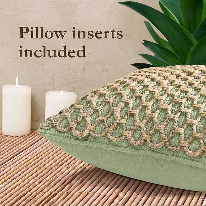 Boho Living Jada Decorative Throw, Includes Accent, Premium Woven Design, Living Room Décor, (2) 20" x 20" Pillow Cover with Insert, Sage Green