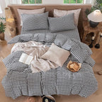MooMee Gingham Duvet Cover Set 100% Washed Cotton Linen Like Textured Breathable Durable Soft Comfy Modern Checkered Design (Black White Gingham, Super King 108"x98")