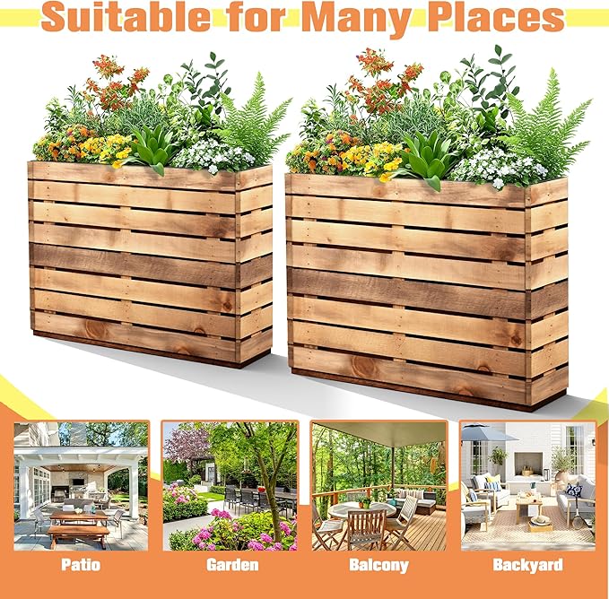 FENCY Large Metal Planter, Large Rectangular Planters for Outdoor Plants, Tall Outdoor Planters for Porch Patio, 35.4″ × 9.1″ × 25.6″ H Walnut Finish Metal Planter with Drainage Hole