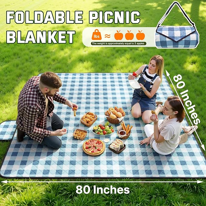 TigeJoy Extra Large Picnic Blanket Waterproof Foldable 80''x100'', Outdoor Picnic Mat Beach Blanket Sandproof for Park, Grass, Travel, Hiking, Camping Essentials, Gingham Picnic Blanket