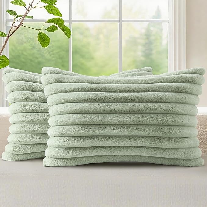 decorUhome Faux Fur Christmas Throw Pillow Covers 12x20 Set of 2, Decorative Soft Plush Striped Neutral Couch Euro Pillow Covers with Velvet Back for Sofa, Bed, Living Room Home Decor, Sage Green