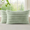 decorUhome Faux Fur Christmas Throw Pillow Covers 12x20 Set of 2, Decorative Soft Plush Striped Neutral Couch Euro Pillow Covers with Velvet Back for Sofa, Bed, Living Room Home Decor, Sage Green