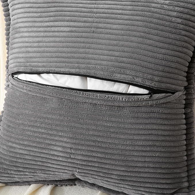 HAUSSY Dark Grey Throw Pillow Covers 22x22 Inch Set of 2, Soft Corduroy Solid Striped,Square Decorative Cushion Case,Winter Home Decorations for Couch,Bed
