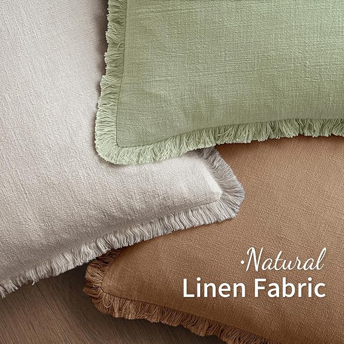 MIULEE Decorative Throw Pillow Covers Neutral Linen Fringe Throw Pillows Euro Shams Set of 2 Sage Green Boho Farmhouse Cushion Covers for Couch Sofa Bed Living Room Spring Home Decor 22x22 Inch