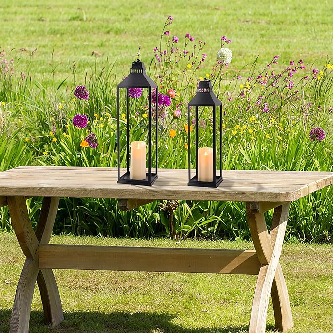 23" 19" Large Lanterns Decorative Outdoor Indoor, Set of 2 Modern Farmhouse Black Floor Lantern with Candles, Halloween, Christmas Lanterns for Fireplace, Mantle, Porch, Patio, Home Decor