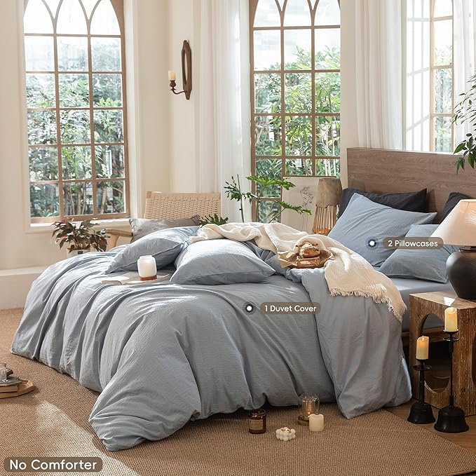 MooMee Wavy Striped Duvet Cover Set 100% Washed Cotton Linen Like Textured Breathable Durable Soft Comfy (Cornflower Blue, Palatial King/Oversized King 120"x98")