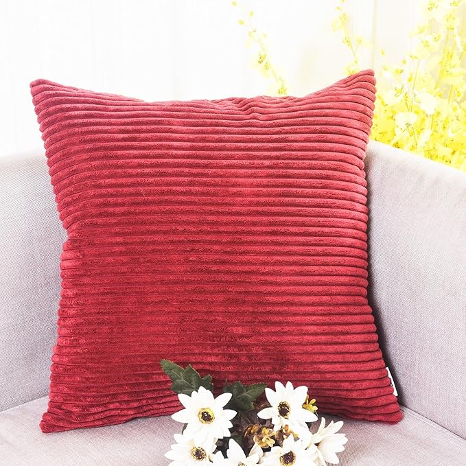 Home Brilliant Pillow Covers 18x18 Decorative Throw Pillows for Couch Dark Red Soft Plush Corduroy Striped Throw Pillow Covers Set of 2 for Sofa Couch Bed Christmas, 18 x 18 Inch, Burgundy