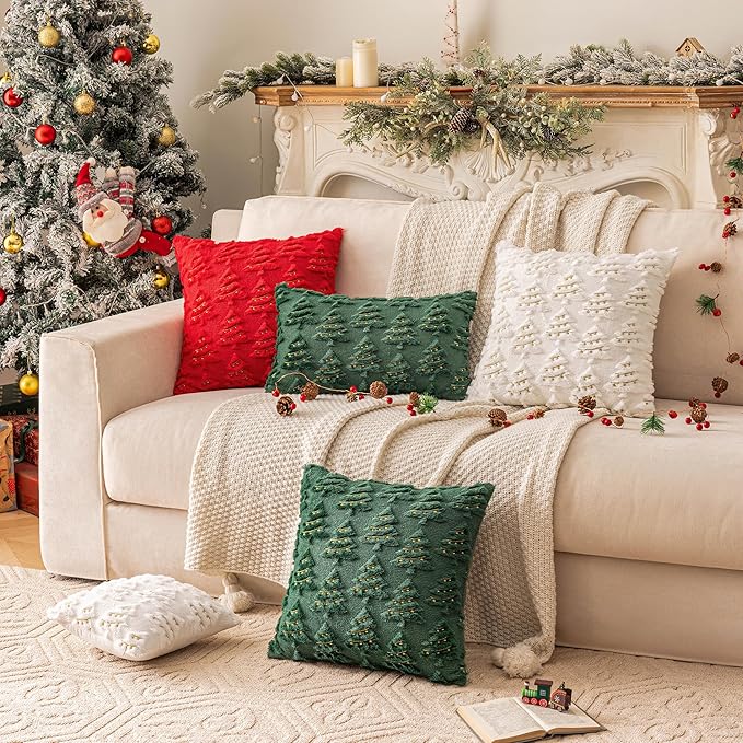 AQOTHES Christmas Tree Decorative White Throw Pillow Covers 12x20 Set of 2, Faux Fur Farmhouse Throw Pillows Cushion Cases for Xmas Winter Holiday Home Decor