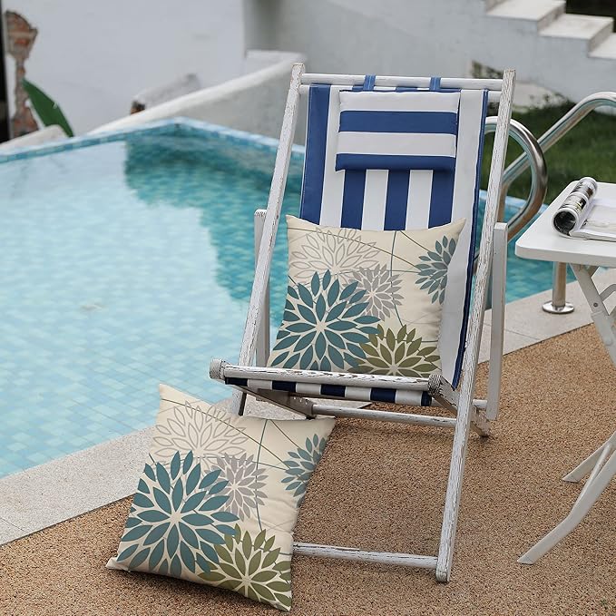 Blue Army Green Outdoor Pillow Covers Set of 2 18X18 Inch Teal Floral Elegant Polyester Flower Pillow Case Outdoor Waterproof Decor for Patio Funiture Garden Linen Cushion Covers 01C18