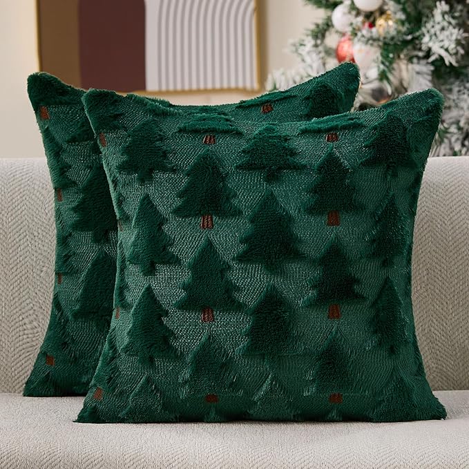Christmas Pillow Covers 18x18 inch Set of 2 Christmas Decorations Soft Plush Faux Fur Wool Green Xmas Tree Throw Pillow Cases Winter Holiday Decor for Sofa Living Room PT-012P18