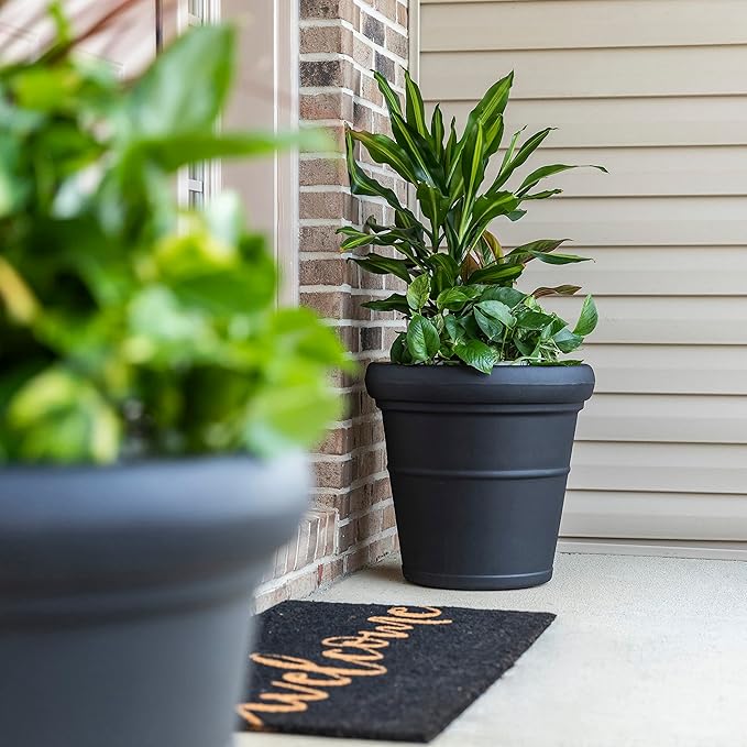 Step2 Claremont Tall Round Planter, Large Planters for Outdoor Plants, Gardening and Flower Pot for Patio or Porch, Efficient Drainage, Durable Plastic, Onyx Black, 2-Pack