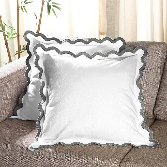 Folkulture Throw Pillow Covers | (18 x 18) Set of 2 Scallop Pillow Cover | Cute Outdoor Pillows or Decorative Pillows Standard Size | Cotton Couch Pillows for Living Room | White Throw Pillows