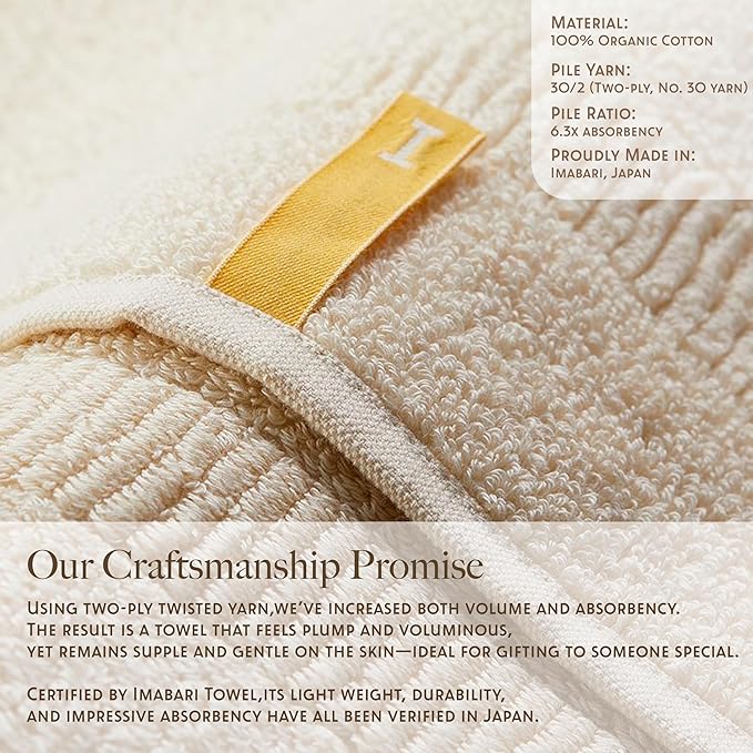 Highly Absorbent Organic Cotton Washcloths, Soft & Durable Face Towels, Made in Japan, Oeko-Tex Class 1 Certified, 7.1 x 7.1 inch, Ivory, Pack of 4 – Proof of Purity