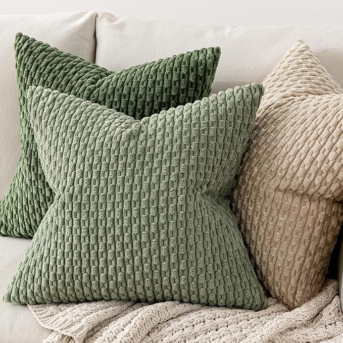 MIULEE Pack of 2 Decorative Throw Pillow Covers 24x24 Inch Soft Boho Striped Textured Corduroy Pillow Covers Modern Farmhouse Home Decor for Couch Bed Sofa Living Room Sage Green