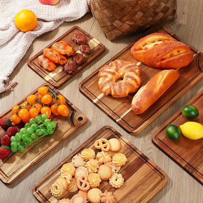 Yungyan Acacia Wood Cutting Boards for Kitchen Set of 5 Large Thick Chopping Board with Juice Groove Cheese Charcuterie Tray Butcher Wooden Block Trays for Meat Fruits Vegetables, 5 Sizes