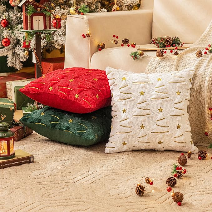 AQOTHES Christmas Tree Decorative Green Throw Pillow Covers 12x20 Set of 2, Faux Fur Farmhouse Throw Pillows Cushion Cases for Xmas Winter Holiday Home Decor