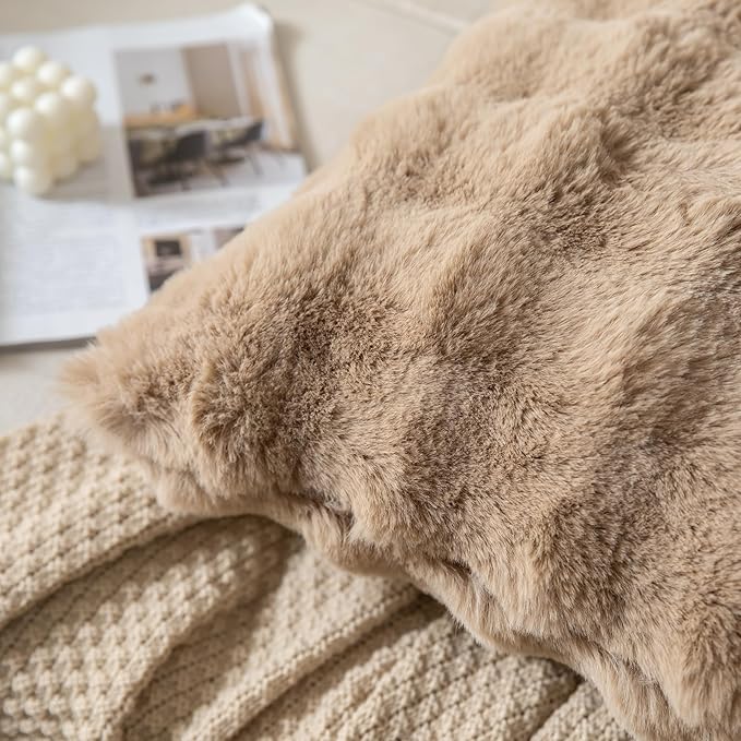 Pack of 2 Thick Plush Throw Pillow Covers Fluffy Wave Faux Fur Decorative Cushion Covers Soft Wool Pillowcase for Sofa Couch Livingroom 24x24 Inch Camel