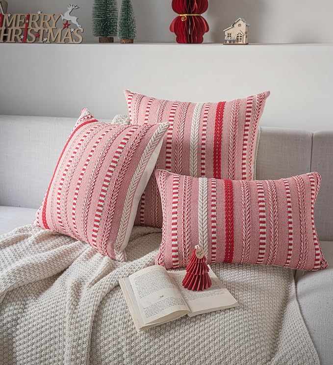 Christmas Pillow Covers 20x20 Inch Set of 2, Farmhouse Boho Christmas Decorative Couch Pillow Cases, Red Accent Pillows of Bed, Sofa Bedroom Living Room Home Decor Cushion Cover