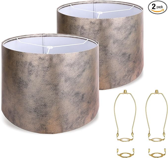 ALUCSET Drum Lampshades Set of 2, Imitation Crocodile Leather Lampshade for Table Lamp and Floor Lamps, 13" × 13" × 10" Medium Lamp Shades Spider Fitter, Easy Assembly Home Decor Harp Holder Included