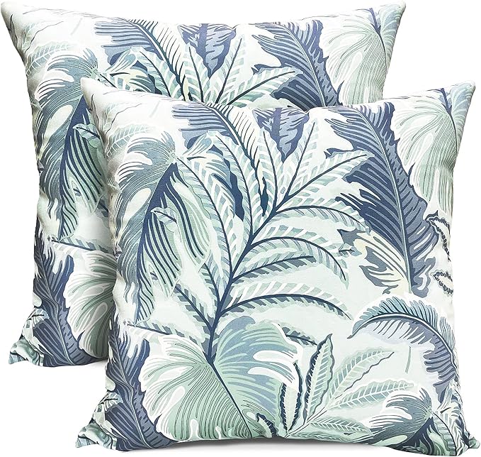 Decorative Throw Pillow Covers Set of 2 Blue Green Large Leaves Pillow Covers 16x16 inch Soft Short Plush Square Floral Throw Pillows,Farmhouse Outdoor Pillow Covers for Couch Living Room