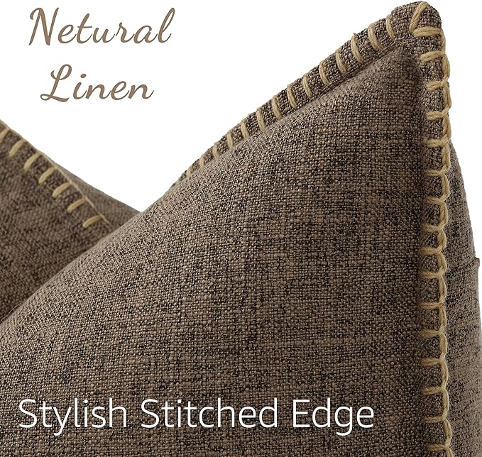 decorUhome Decorative Outdoor Throw Pillow Covers 20x20 Set of 2, Square Linen Farmhouse Euro Pillow Covers with Stitched Edge, Rustic Neutral Pillow Covers for Couch, Sofa, Living Room, Chocolate