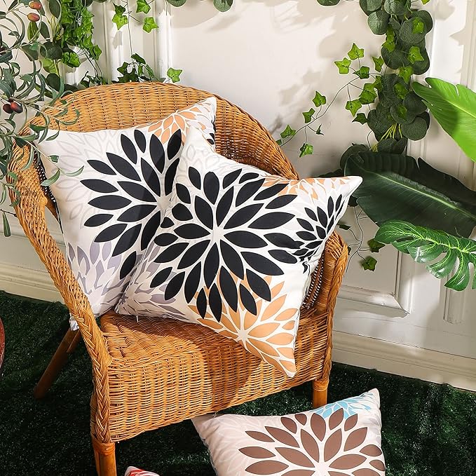 DFXSZ Black Brown Outdoor Pillow Covers 16x16 Inch Set of 2 White Gray Flower Throw Pillows Farmhouse Outdoor Modern Floral Polyester Square Cushion Case Decor for Patio Funiture Garden 002B16