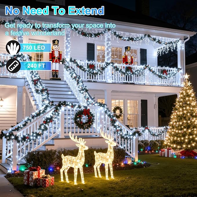 750LED Christmas Lights Outdoor Use, 240ft 12 Modes Cool White LED String Lights with Timer Dimmable, Waterproof Christmas Tree Lights for Xmas Patio Yard Fence Balcony Garden Decor Cool White