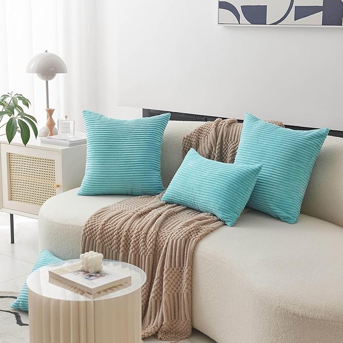 Home Brilliant Turquoise Pillow Covers Striped Corduroy Plush Texture Velvet Euro Sham Throw Pillows for Bed Patio, 24x24 inch, Teal
