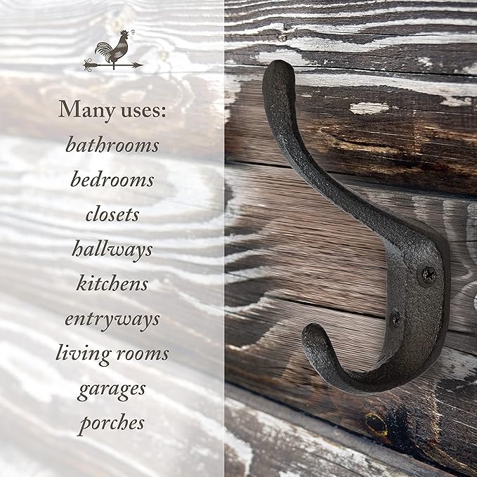 Rustic Cast Iron Coat Hooks (5 Pack) - Wall Mounted Farmhouse Decorative Vintage Hooks for Hanging Coats, Bags, Hats, Towels (Black, Large Spoon)