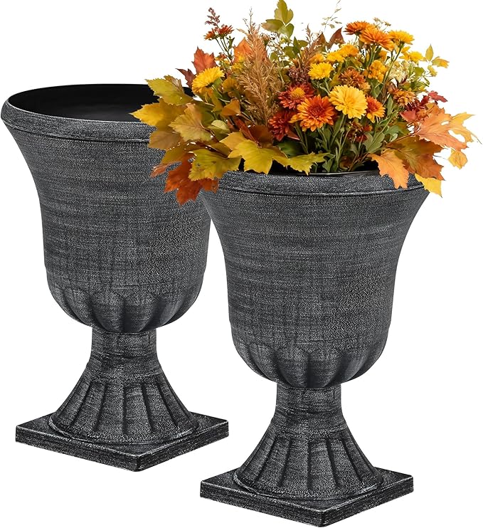 22" Large Urn Planters (Set of 2), Handmade Washed Black Plastic Flower Pots, Weatherproof for Porch, Garden, Patio or Home Décor