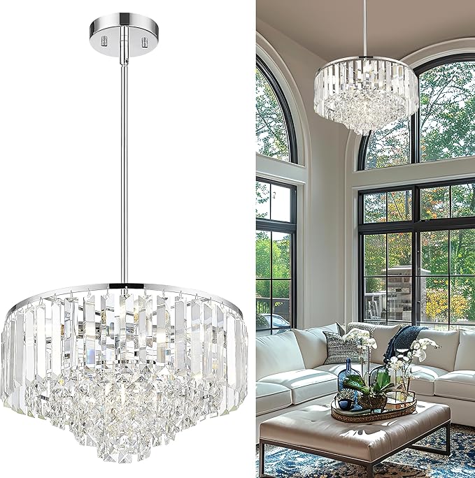 15'' Crystal Chandelier, 5-Tier Modern Chandelier with Polished Chrome Finish, Pendant Light for Dinning Room Kitchen Island Bedroom Entryway, CC4215-5W-PC