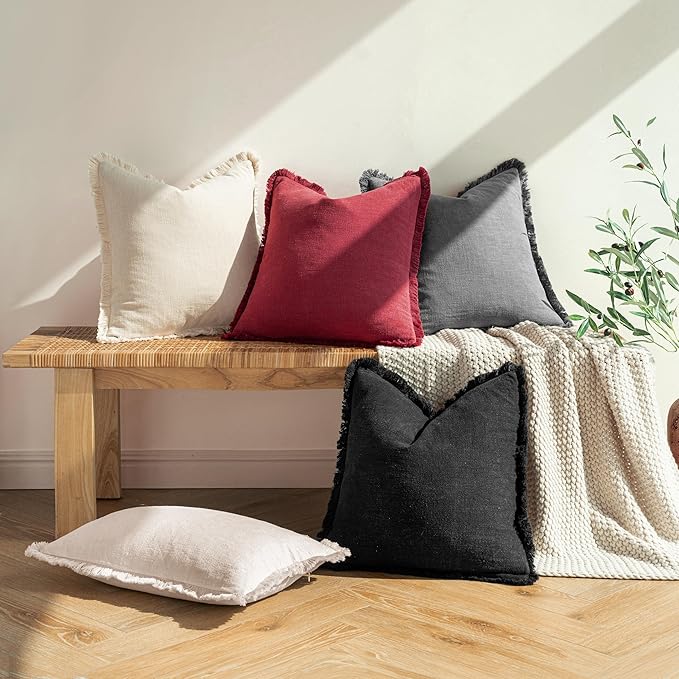 MIULEE Christmas Decorative Throw Pillow Covers Neutral Linen Fringe Throw Pillows Euro Shams Set of 2 Burgundy Boho Farmhouse Cushion Covers for Couch Sofa Bed Living Room Home Decor 24x24 Inch