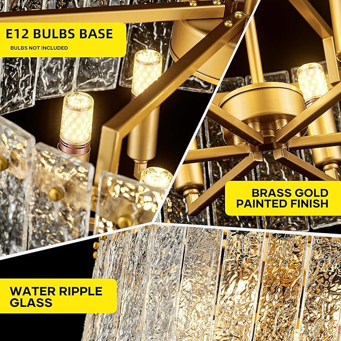 Gold Crystal Chandeliers for Dining Room 6-Light, 22” Modern Water Ripple Glass Light Fixture, Farmhouse Round Lighting for Kitchen Island, Bar Table