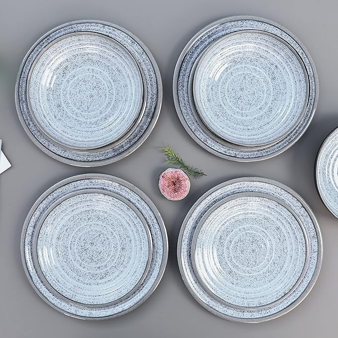 Melamine Dinnerware Sets 12 PCS - Service for 4 Plates & Bowls Sets Dishwasher Top-Shelf Safe, BPA Free Dinner Dishes Set for Everyday Use-Granite Pattern Black Back