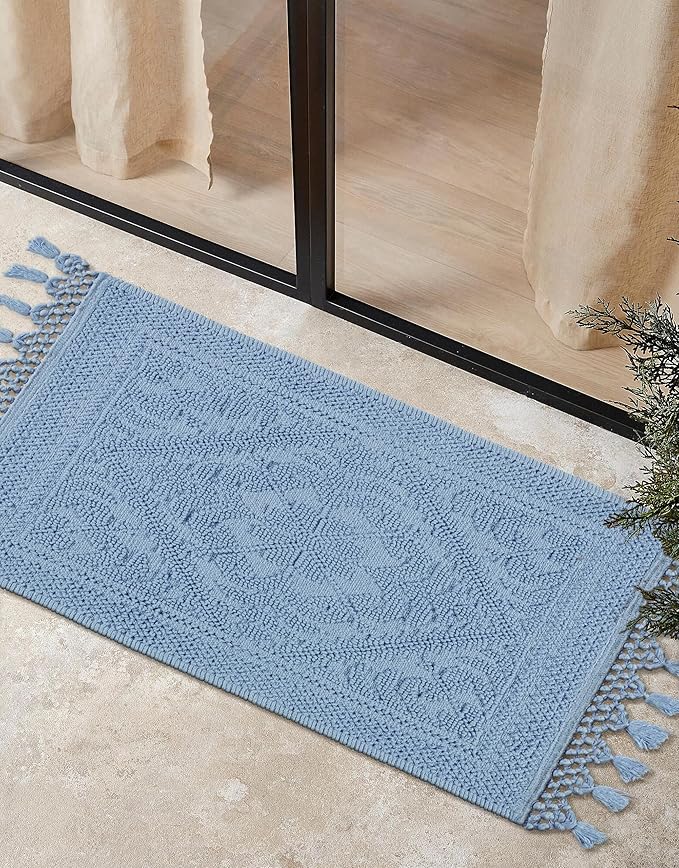 Savi Home Cotton Woven Jacquard Bathroom Rug, Woven Fringe Bathroom Mats, 100% Cotton, Non - Slip Bath Mat, Durable Thick Bath Mat 20”x38” with Fringes, Sky Blue