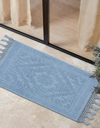 Savi Home Cotton Woven Jacquard Bathroom Rug, Woven Fringe Bathroom Mats, 100% Cotton, Non - Slip Bath Mat, Durable Thick Bath Mat 20”x38” with Fringes, Sky Blue