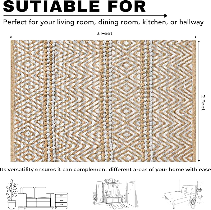 Bedding Craft Jute Cotton Stripe Area Rug for Living Room 24x36 Inch - Natural Ivory - Machine Washable 2x3 Feet Rugs - 70% Jute and 30% Cotton