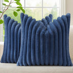 decorUhome Faux Fur Throw Pillow Covers 20x20 Set of 2, Decorative Soft Plush Striped Neutral Couch Euro Pillow Covers with Velvet Back for Sofa, Bed, Living Room Home Decor, Blue