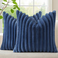 decorUhome Faux Fur Throw Pillow Covers 26x26 Set of 2, Decorative Soft Plush Striped Neutral Couch Euro Pillow Covers with Velvet Back for Sofa, Bed, Living Room Home Decor, Blue