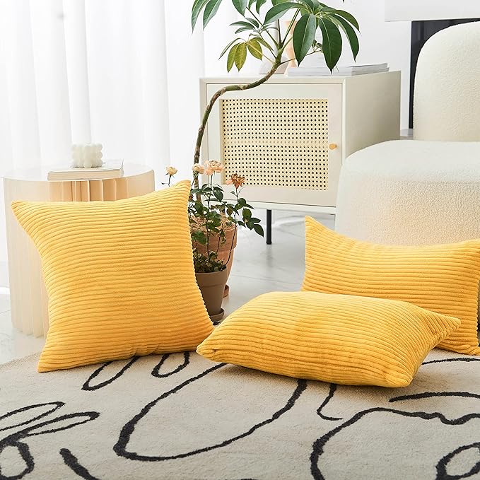 Home Brilliant 12 x 20 Fall Pillow Covers Set of 2 Plush Striped Corduroy Velvet Rectangular Throw Pillow Covers for Chair Couch Winter Decor Lumbar Pillows, 12 x 20 inch, Sunflower Yellow