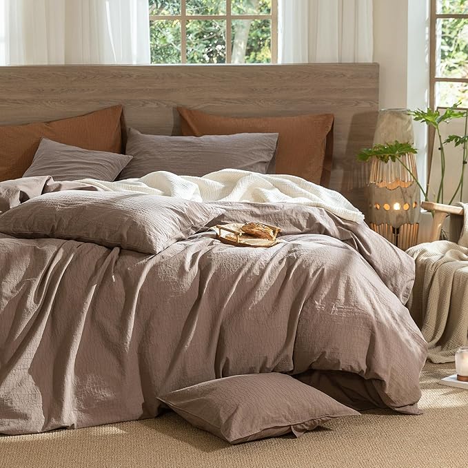 MooMee Wavy Striped Duvet Cover Set 100% Washed Cotton Linen Like Textured Breathable Durable Soft Comfy (Brown, Super Queen 90"x98")