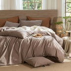 MooMee Wavy Striped Duvet Cover Set 100% Washed Cotton Linen Like Textured Breathable Durable Soft Comfy (Brown, Super Queen 90"x98")
